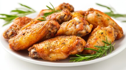 A plate of fried chicken wings, seasoned with herbs and spices, on a white background.