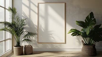 Minimalist white poster mockup displayed on a neutral-colored wall, with soft lighting
