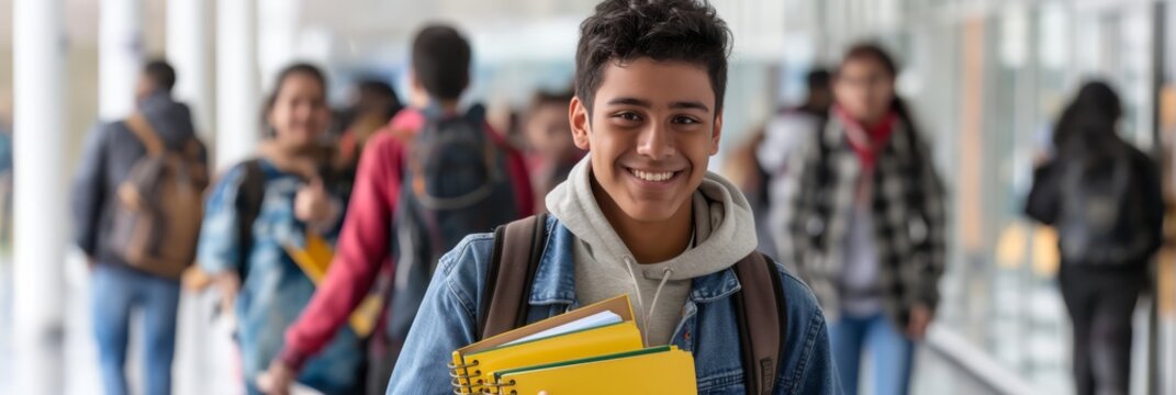 In a bustling school hallway, a diverse crowd of teenagers is immersed in academic tasks, exuding positivity. Their energetic and lively interactions contribute to a dynamic educational setting