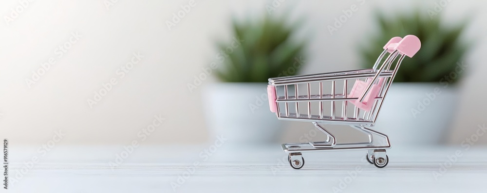 Wall mural Generative AI, pink shopping cart in a minimalist setting, e-commerce and sale promotion visualization