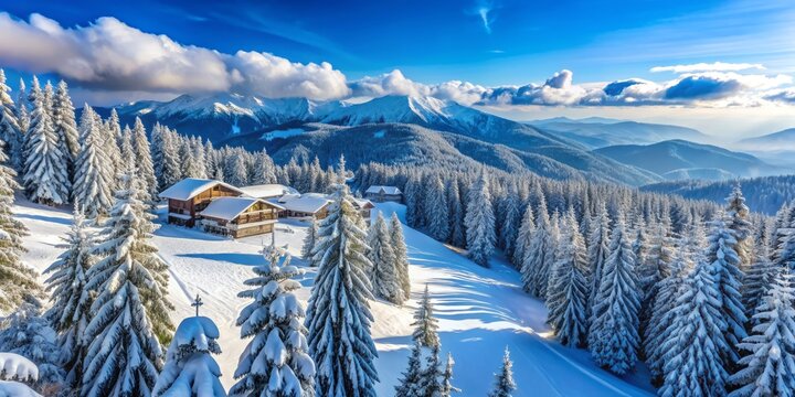 Breathtaking winter landscape of snow-capped mountains and pine trees in Uludag Ski Resort, Bursa, Turkey, on a serene and frigid winter day.