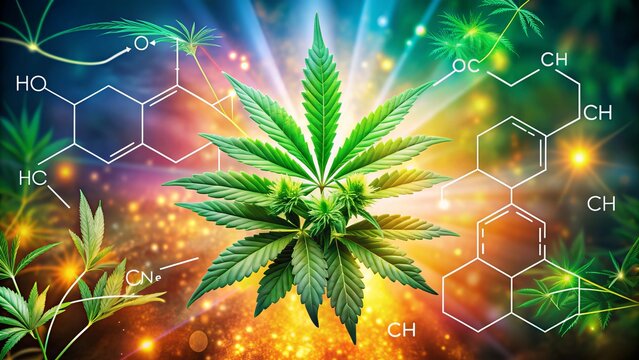 Cannabis infographic highlighting Tetrahydrocannabinol THC molecular structure, herbal alternative medicine benefits, and chemical therapy aspects in a detailed