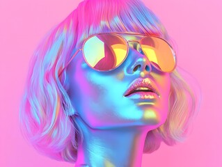 Woman with pink hair and sunglasses.