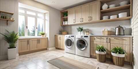 Clean and organized laundry room interior with a modern washing machine, sleek cabinetry, and neutral-colored tile flooring in a cozy residential setting.