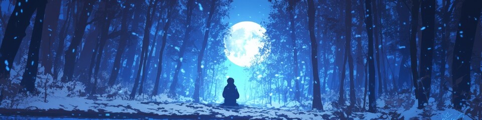Fototapeta premium Enchanting Anime Winter Wonderland: Child's Silhouette by Snowy Pond in Moonlit Forest. Magical Scenery for Storybook Illustrations, Fantasy Backgrounds, and Creative Marketing Visuals. Perfect for Ho