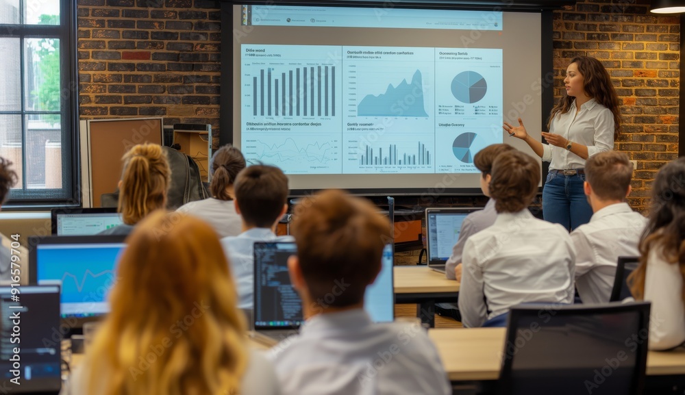 Aufkleber Business professionals in a corporate setting conducting a presentation in an office meeting room, analyzing data with the help of charts and graphs. The team is dressed professionally