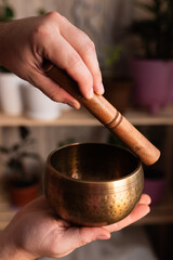Singing Tibetan cast bowl with a wooden stick for meditation and yoga in male hands against a background of indoor flowers.  Meditative sounds of a Tibetan bowl.  Relaxation.  Sound therapy