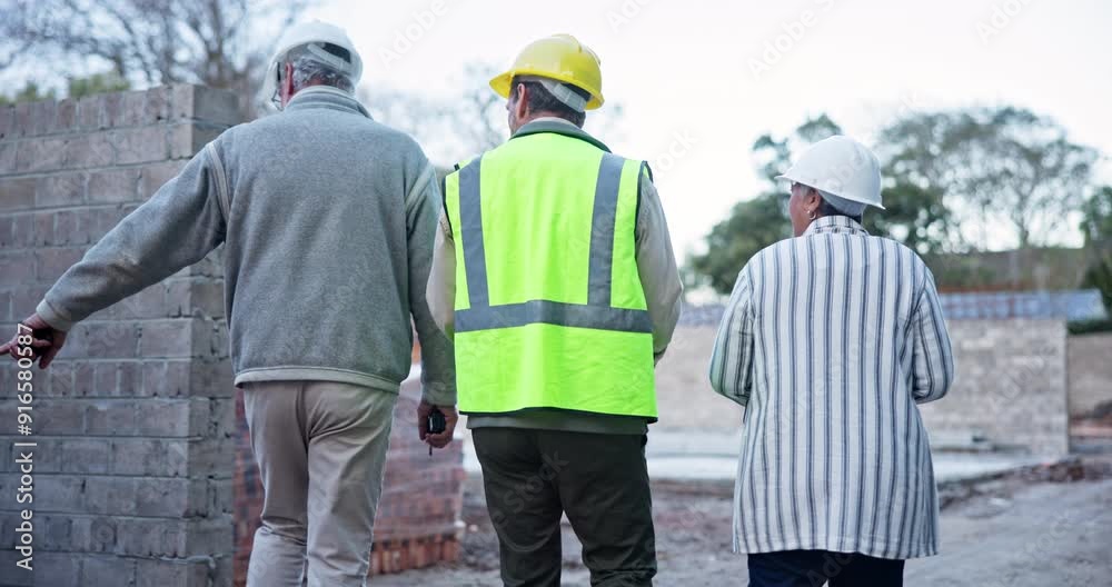 Poster people, group and blueprint with back at construction site with discussion, inspection and planning.