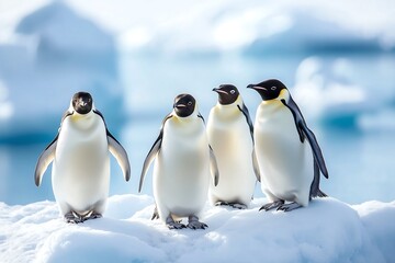 Fototapeta premium Four Emperor Penguins standing on ice floe in Antarctica