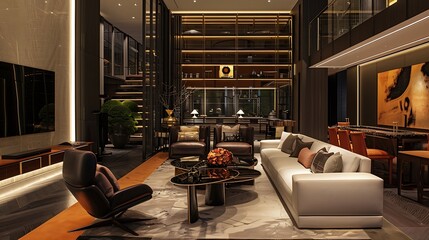 A luxurious living room with sleek, modern furniture and a sophisticated, urban vibe