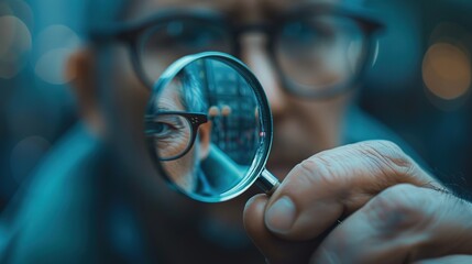 Close-up of a Man Looking Through a Magnifying Glass