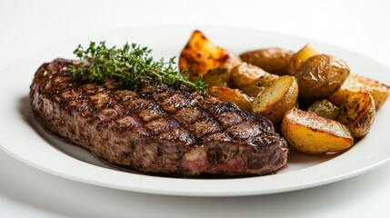 A rustic steak plate with a thick cut of sirloin, roasted potatoes, and a sprig of thyme on a white background.