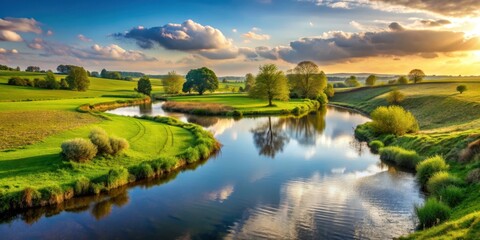 Peaceful countryside scene with a winding river, peaceful, countryside, scene, river, nature, tranquil, serenity