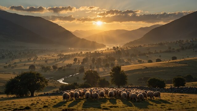 A valley at sunset, with golden sunlight streaming over the mountains, smoke rising from distant villages, and shepherds herding their sheep home.