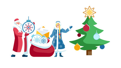 2025 happy new year. Gifts for the New Year and Christmas holidays. Snow Maiden and Santa Claus put greeting cards and New Year's toys in a bag, a banner. Elements for the calendar.Vector illustration