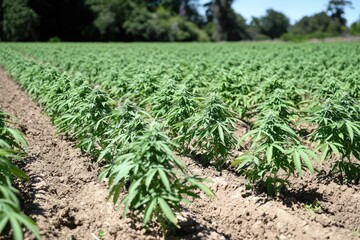 Lush green cannabis plants growing in an outdoor field, showcasing healthy foliage under the sun.