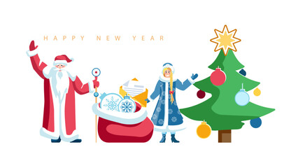 2025 happy new year. Gifts for the New Year and Christmas holidays. Snow Maiden and Santa Claus congratulate you on the New Year, greeting cards, New Year's toys in a bag, banner. Vector illustration