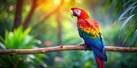 Obraz premium Colorful parrot sitting on a branch , tropical, bird, wildlife, feathers, vibrant, exotic, perched, macaw, tropical, colorful