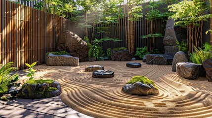 Obraz premium A serene zen garden with raked sand, smooth stones, and lush greenery, perfect for meditation and tranquility.