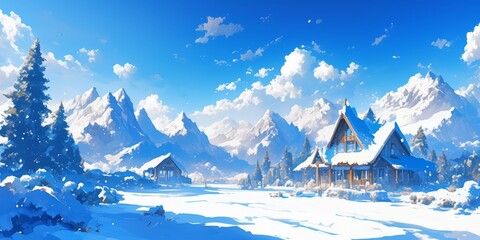 Fototapeta premium Enchanting Anime-Style Winter Wonderland: Dreamy Lakeside Scene with Mesmerizing Cloud Reflections. Ideal for Holiday Promotions, Travel Destinations, and Inspiring 4K Wallpapers. Perfect for Creative