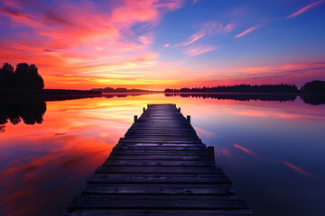 Serene Sunset Over Lake with Reflective Water and Wooden Pier, Silhouetted Trees on Horizon