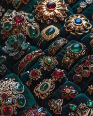 A stunning collection of vintage rings featuring intricate designs and vibrant gemstones on a luxurious velvet background.