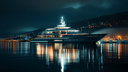 Fototapeta premium A luxurious superyacht illuminated at night, anchored on tranquil waters, with the reflections of city lights sparkling on the surface