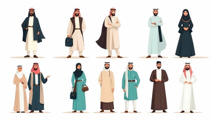 Diverse group of Arabic people in traditional clothing.