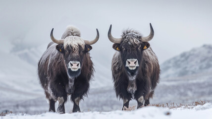 A majestic pair of yaks standing side by side in a pristine snowy landscape, showcasing their natural beauty and symmetry