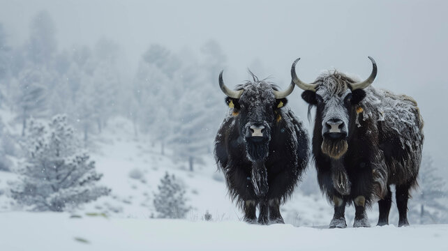 A majestic pair of yaks standing side by side in a pristine snowy landscape, showcasing their natural beauty and symmetry