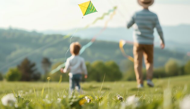 Family outdoor fun, flying kites on a windy day
