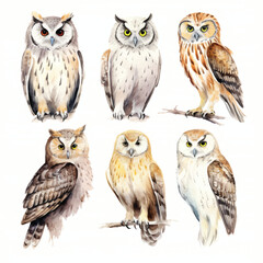 watercolor painting of owl four collection isolated