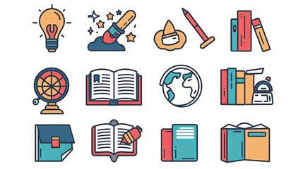 Set of education icons with various objects