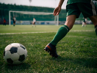 Sports Field: Close-up of meticulously maintained green grass, with a blurred background of goalposts and players in action, hinting at a soccer game.