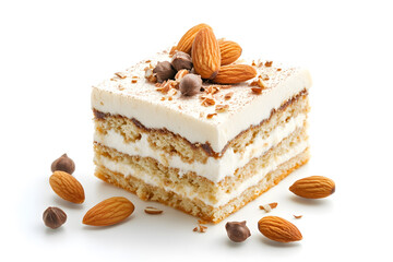 Slice of sweet almond cake isolated on white background