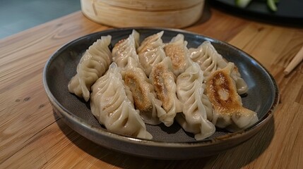 Hot steamed fried dumplings in a plate on a wooden table in kitchen