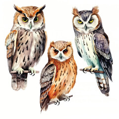 watercolor painting of owl four collection isolated