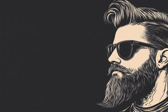 stylized side profile illustration of a bearded man wearing sunglasses, set against a dark background, emphasizing his cool and confident demeanor
