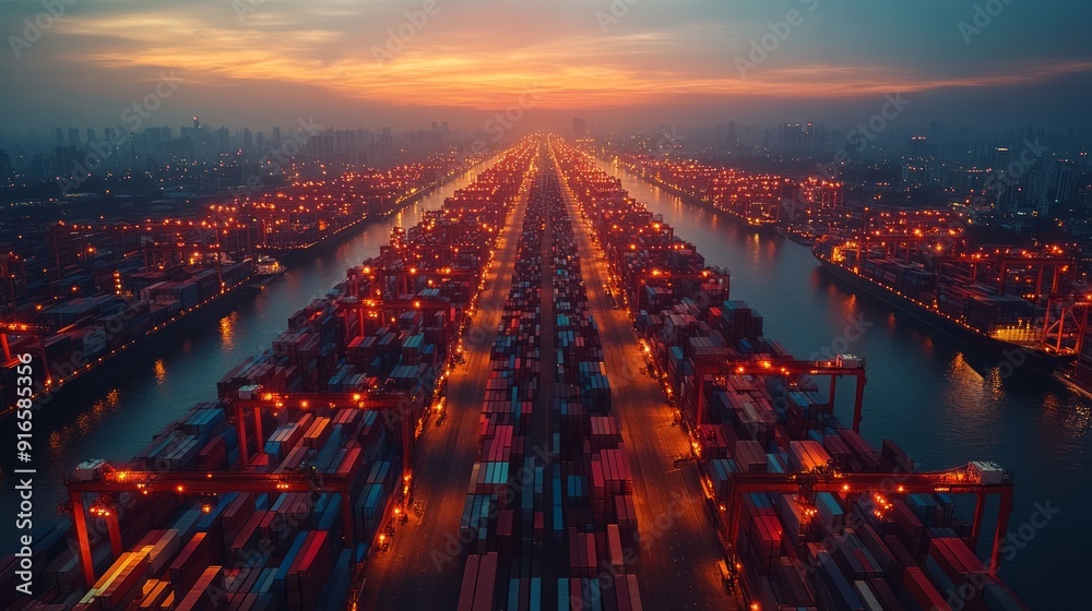 Wall mural cargo ship container viewed from an aerial view of the freight shipping transport system. business c