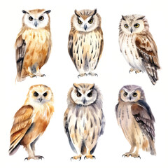 watercolor painting of owl four collection isolated