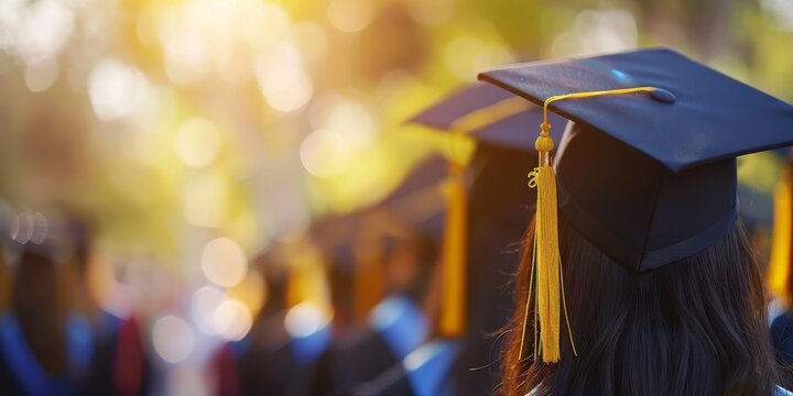 A beautiful Graduation Ceremony at sunset with students donning caps and gowns, celebrating academic achievements and milestones. A joyous event filled with pride, reflections, and new beginnings