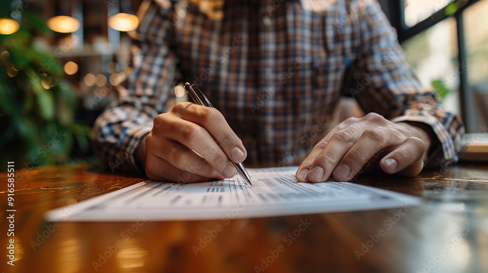 Wall mural Man Filling Out Paperwork in a Cafe