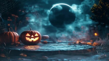 podium in the center of a halloween background, surrounded by Halloween pumpkin decoration in the night with spider web, animation looping video background