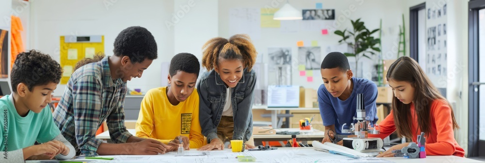 Poster Students from diverse backgrounds unite in a classroom project, fostering teamwork and creativity. They create a unified learning environment, promoting engagement and collaboration