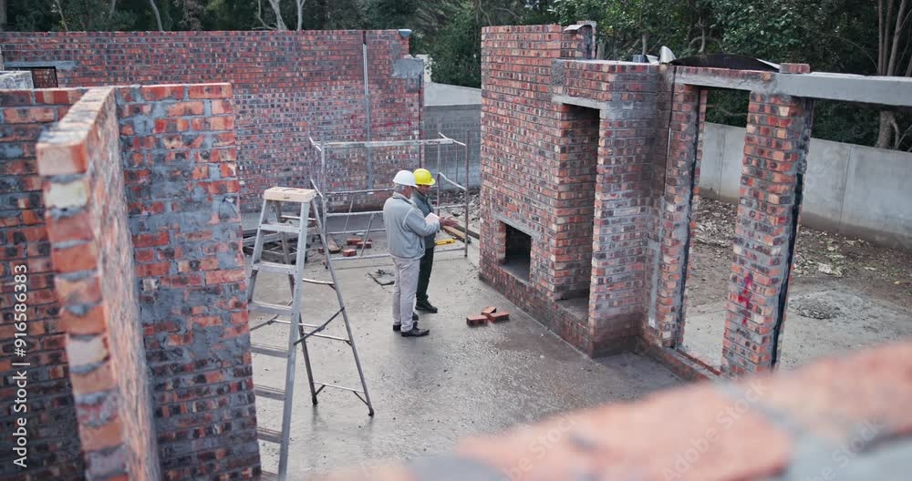 Poster construction worker, building and teamwork on site with tablet for planning, development and project