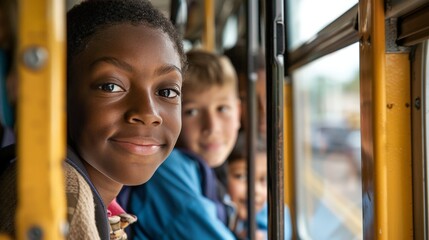 Obraz premium Picture a school bus making its way through a busy urban area, picking up students from various neighborhoods.