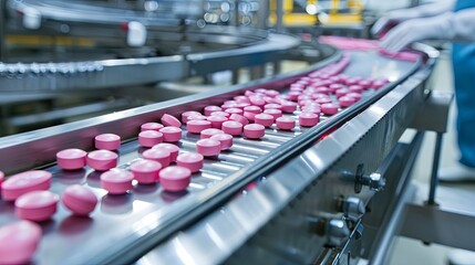 Obraz premium Production of tablets in a factory on a conveyor belt