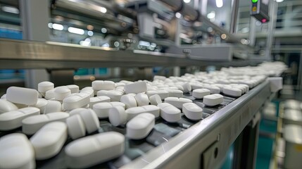 Obraz premium Production of tablets in a factory on a conveyor belt