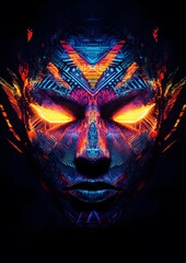 A stylized face with geometric patterns in neon colors.