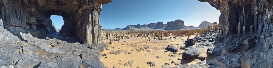 Panoramic View of Rocky Archways in a Desert Landscape with Distant Mountains Under a Clear Blue Sky